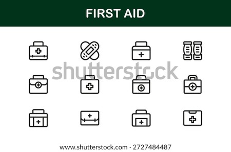 First Aid Modern Line Icon Collection, unique minimal vector icons featuring medical emergency safety symbols, professional healthcare set for clean visual communication