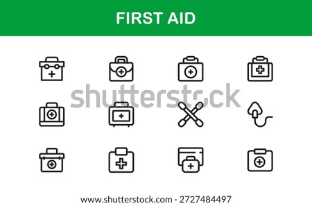 First Aid Modern Line Icon Collection, unique minimal vector icons featuring medical emergency safety symbols, professional healthcare set for clean visual communication