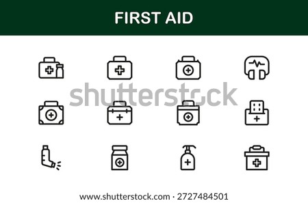 First Aid Modern Line Icon Collection, unique minimal vector icons featuring medical emergency safety symbols, professional healthcare set for clean visual communication