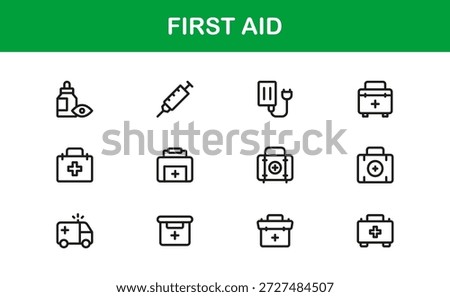 First Aid Modern Line Icon Collection, unique minimal vector icons featuring medical emergency safety symbols, professional healthcare set for clean visual communication