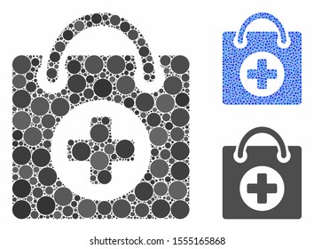 First aid mosaic of filled circles in different sizes and color hues, based on first aid icon. Vector filled circles are united into blue mosaic. Dotted first aid icon in usual and blue versions.