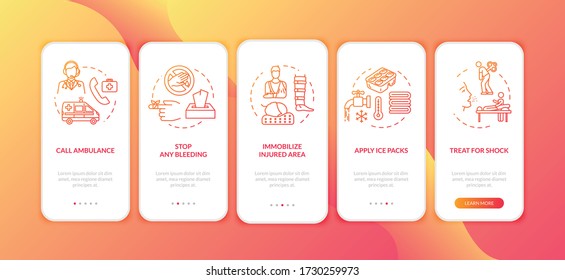First aid onboarding mobile app page screen with concepts. Traumatism therapy, injury treatment walkthrough 5 steps graphic instructions. UI vector template with RGB color illustrations