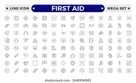 First Aid outline icon set. Emergency kit icon set. Vector objects set of survival emergency kit for evacuation or disasters.
