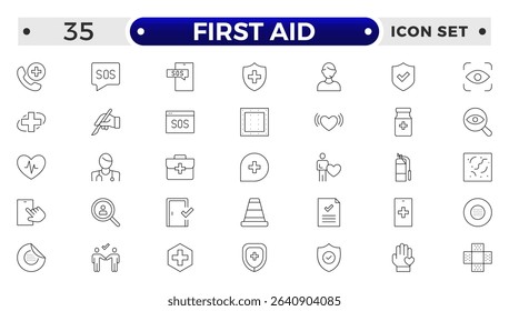 First Aid outline icon set. Emergency kit icon set. Vector objects set of survival emergency kit for evacuation or disasters.
