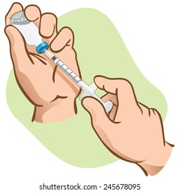 First Aid person taking contents of an ampule with syringe. ideal for training materials, catalogs and institutional