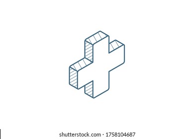 first aid, pharmacy, medical cross isometric icon. 3d vector illustration. Isolated line art technical drawing. Editable stroke