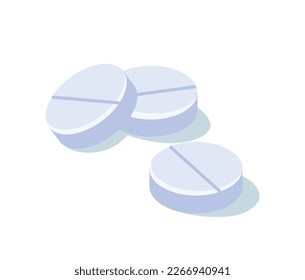 First aid pills concept. White medicine, tablets and drugs for pain relief. Pharmaceuticals for treating patients, part of medical kit. Cartoon isometric vector illustration