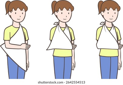 Primeiros socorros, procedimento para envolver uma bandagem triangular ao redor de um braço, mulher