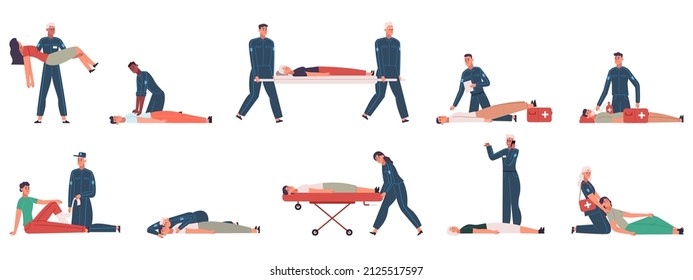 First aid procedures, emergency paramedic workers help people. Professional medical staff in uniform helps people vector illustration set. Cpr and heart emergency training. Doctors saving life