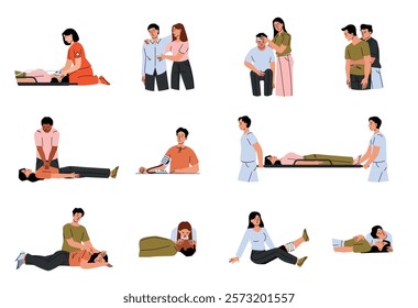 First aid procedures. Medical CPR emergency help, person training rescue medics techniques, medicinal respiration heart massage, wound medical treatment. Vector cartoon set.