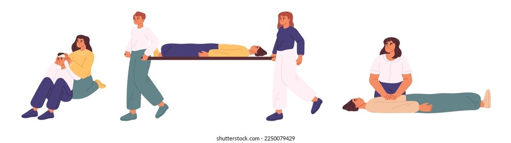 First aid procedures for putting bandage on injured head, transporting unconscious human, doing indirect heart massage. Reanimation positions set. Cartoon flat vector illustration