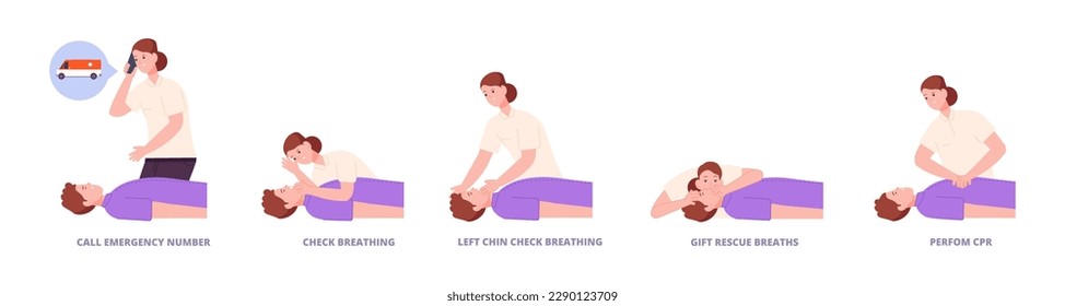 First aid procedures. Steps perform emergency first aid, cardiopulmonary resuscitation techniques chest compression training, emergency help guidelines splendid vector illustration of emergency rescue