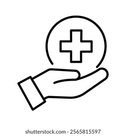 first aid provision, hand holding medical cross icon, medical assistance, thin line symbol