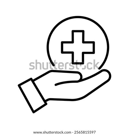 first aid provision, hand holding medical cross icon, medical assistance, thin line symbol