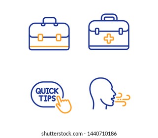 First aid, Quick tips and Portfolio icons simple set. Breathing exercise sign. Medicine case, Helpful tricks, Business case. Breath. Science set. Linear first aid icon. Colorful design set. Vector
