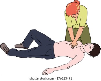 First aid - reanimation procedure. CPR cardiac massage for breathless man