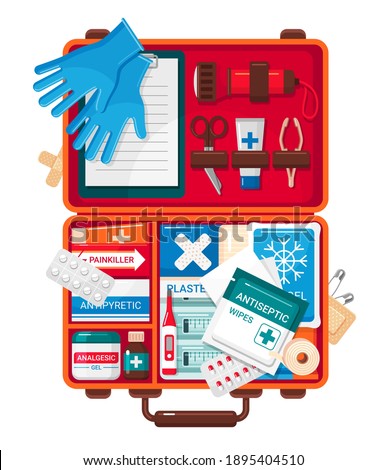First aid red case. Medical box fully packed with emergency, injury supplies. Remedy, pills, painkiller, antipyretic, gloves, syringe, scissors. primary care. Vector first aid kit isolated on white.