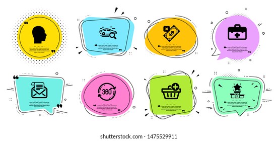 First aid, Rejected payment and Full rotation line icons set. Chat bubbles with quotes. Search car, Winner podium and Mail newsletter signs. Add purchase, Head symbols. Vector