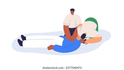 First aid. Rescue with artificial respiration, mouth-to-mouth breathing and cardiac heart massage in emergency. CPR, resuscitation, reanimation. Flat vector illustration isolated on white background