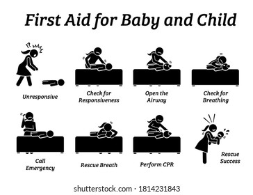 First aid rescue emergency treatment for baby, infant, or child stick figures icons. Vector illustrations of CPR rescue procedures and how to help and save the life of an unconscious small kid. 