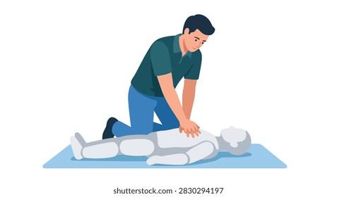 First aid responder performing CPR chest compressions on mannequin during medical emergency training flat design vector illustration