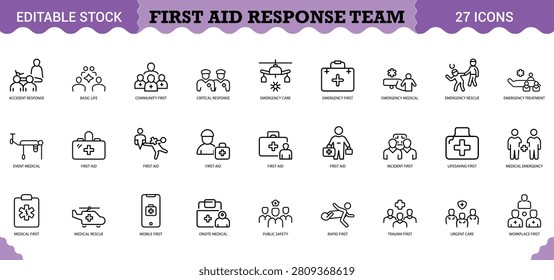 First aid response team icons for emergency medical services, rescue, critical care, and urgent assistance.