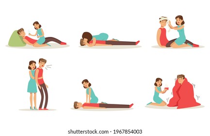 First Aid Resuscitation Procedures Set, Young Woman Providing First Aid Treatment to Person Cartoon Vector Illustration