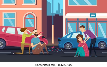 First aid. Road accident personal helping person to car or cycling driver medicine vector cartoon background