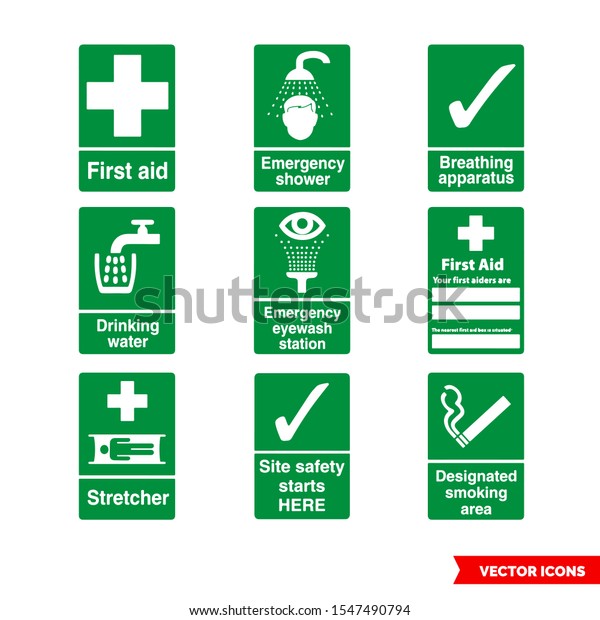First aid and safe\
condition signs icon set of color types. Isolated vector sign\
symbols. Icon pack.