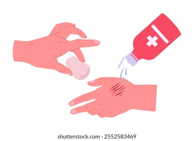 Primeros auxilios para la mano humana arañada. Mano lesionada, piel del cuerpo dañada, tratamiento médico para lesión de la piel Ilustración vectorial plana. Mano humana herida de la historieta y tratamiento médico