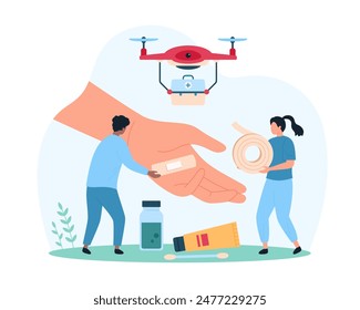 First aid for scratches and wounds, damage to skin treatment. Medical drone carrying emergency box for tiny doctors, people with adhesive antibacterial tape roll cure arm cartoon vector illustration