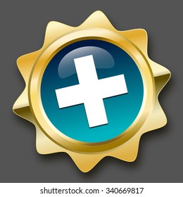 First aid seal or icon with cross symbol. Glossy golden seal or button.