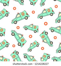 First Aid Seamless Pattern. Medical Concept Seamless Pattern. First Aid Car Seamless Pattern on white background isolated. Stock Vector Illustration. Cartoon style. 