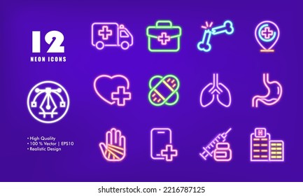 First aid set icon. Ambulance, kit, briefcase, heart, cross, band aid, lungs, stomache, bandaged hand, injury, call the doctor, syringe, hospital. Healthcare concept. Neon glow style. Vector line icon