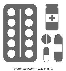 First aid set. Pills in blister pack, capsule, pill bottle and court plaster. Vector.