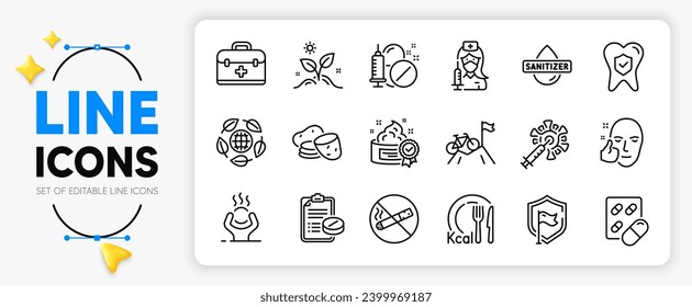 First aid, Shield and Dental insurance line icons set for app include Mountain bike, Coronavirus vaccine, No smoking outline thin icon. Eco organic, Healthy face, Hand sanitizer pictogram icon. Vector