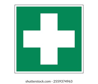 First Aid Sign Featuring a Green Background with White Cross, Indicating the Presence of First Aid Supplies or Assistance, Available as a Vector File, ISO 7010 E003