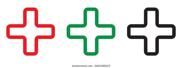 First aid sign. Green, Red, Black  Circle on white Background cross symbol with FIRST AID text below, vector illustration. EPS 10.