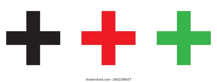 First aid sign. Green, Red, Black  Circle on white Background cross symbol with FIRST AID text below, vector illustration. EPS 10.