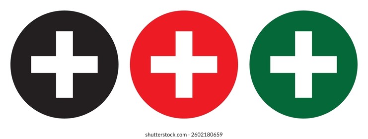 First aid sign. Green, Red, Black  Circle on white Background cross symbol with FIRST AID text below, vector illustration. EPS 10.