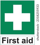 First aid sign, green square and white cross symbol with First aid text, printable sticker,  vector illustration