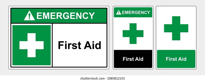 First aid sign. Green square and white cross symbol with FIRST AID text. OSHA and ANSI standard sign. eps10