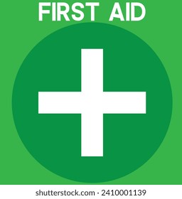 First aid sign. Green square and white cross symbol with FIRST AID text below, vector illustration.