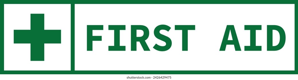 First aid sign. Green square and green cross symbol with FIRST AID text on the side, vector illustration.