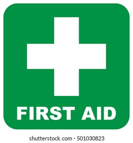 First aid sign. Green square and white cross symbol with FIRST AID text below, vector illustration.