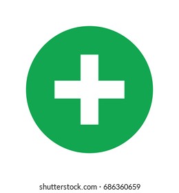 First aid sign. Green square and white cross symbol with FIRST AID text below, vector illustration.Green circle with cross isolated on white,pharmacy button 