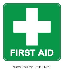 First aid sign, health cross medical symbol, medicine emergency illustration icon, safety design. Green square and white cross symbol with FIRST AID text below, vector illustration islated on white.