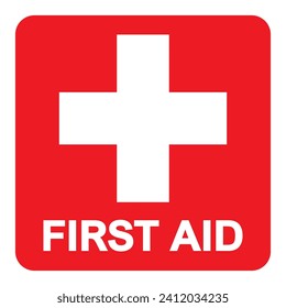 First aid sign, health cross medical symbol, medicine emergency illustration icon, safety design. Red square and white cross symbol with FIRST AID text below, vector illustration islated on white.