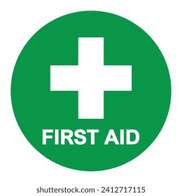 First aid sign, health cross medical symbol, medicine emergency illustration icon, safety design. Green circle and white cross symbol with FIRST AID text below, vector illustration isolated on white.