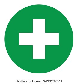 Signo de primeros auxilios, símbolo médico cruzado de salud, icono de ilustración de emergencia de medicina, diseño de seguridad. Círculo verde y símbolo cruzado blanco, ilustración vectorial aislada en blanco.